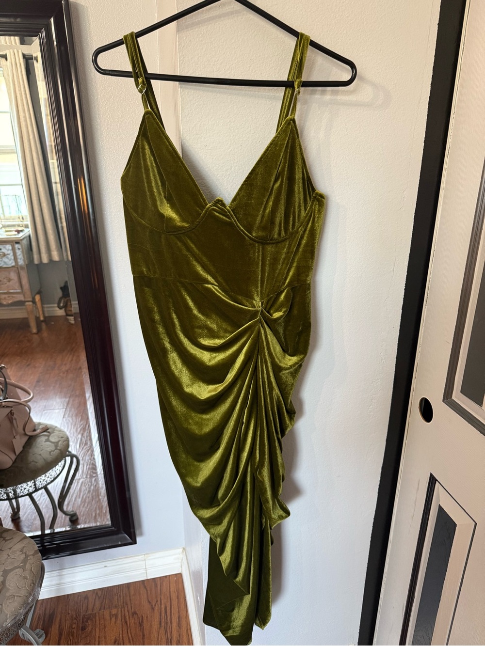 PrettyLittleThing Olive Green Velvet Asymmetric Draped Slip Dress